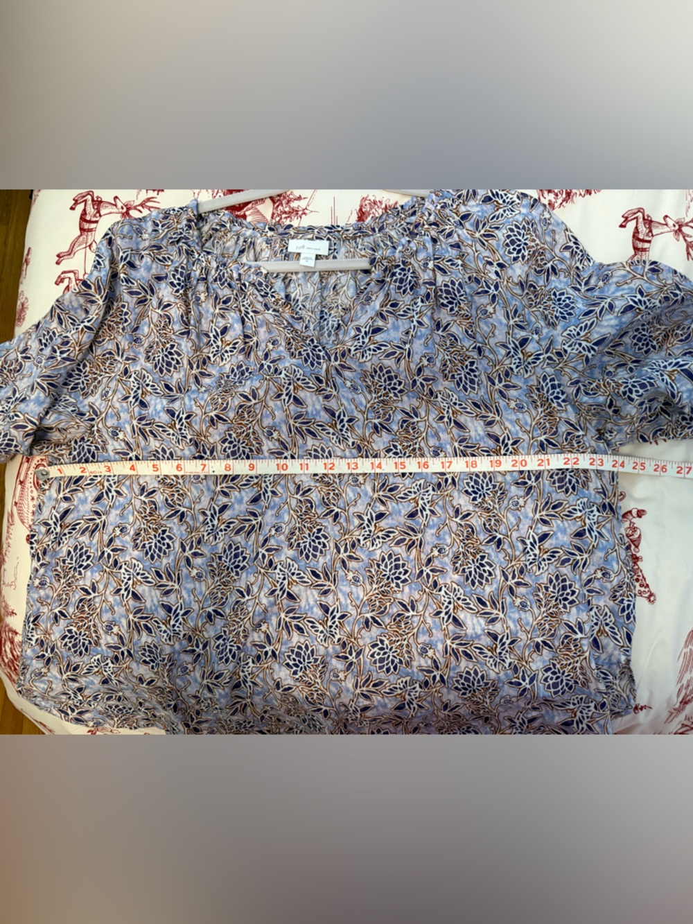 J. Jill Love Linen Lightweight Floral Peasant Top- Blue & Brown, XL - Picture 6 of 8
